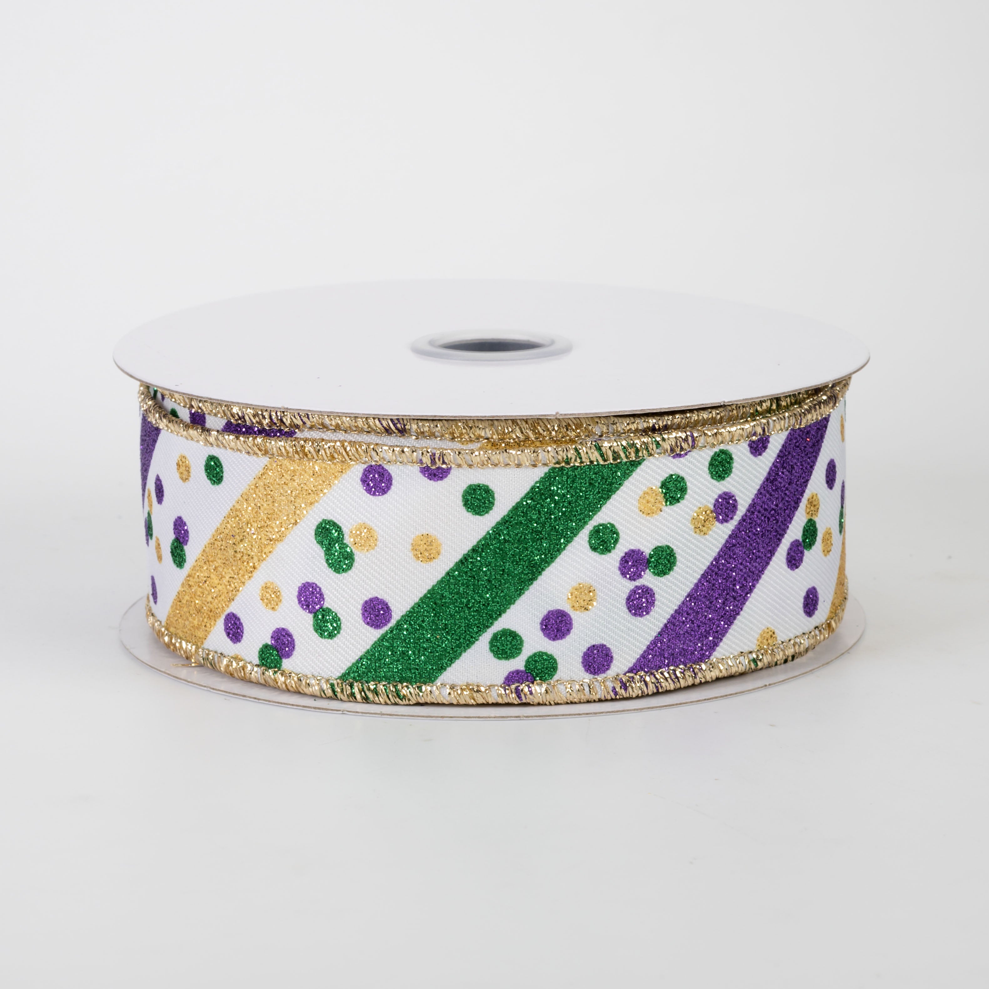 1.5" Diagonal Glitter Stripes & Confetti Dots Ribbon: Mardi Gras (10 Yards)