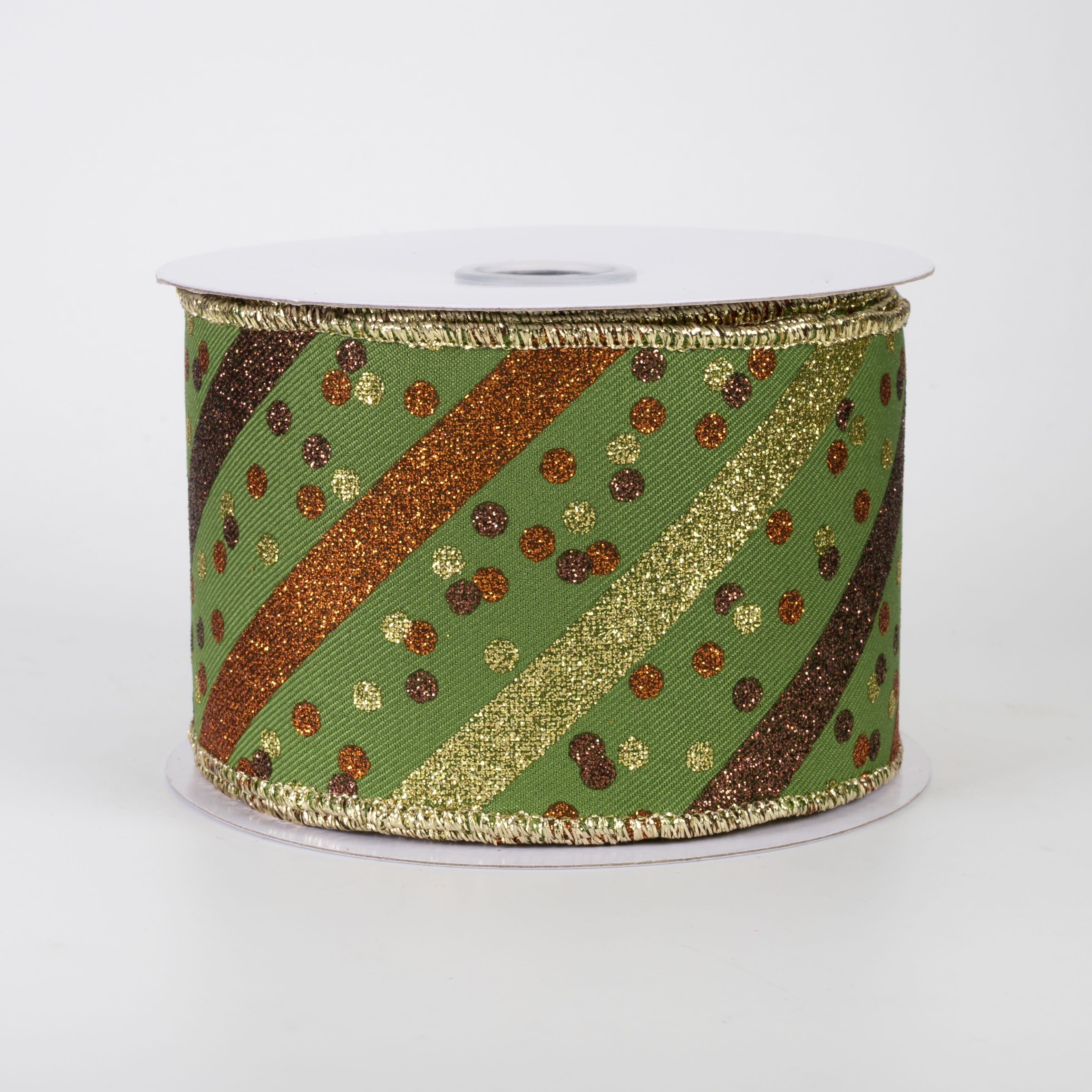 2.5" Diagonal Glitter Stripes & Confetti Dots Ribbon: Moss Green Fall (10 Yards)