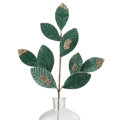 27" Velvet Glittered Leaf Spray: Sage Green