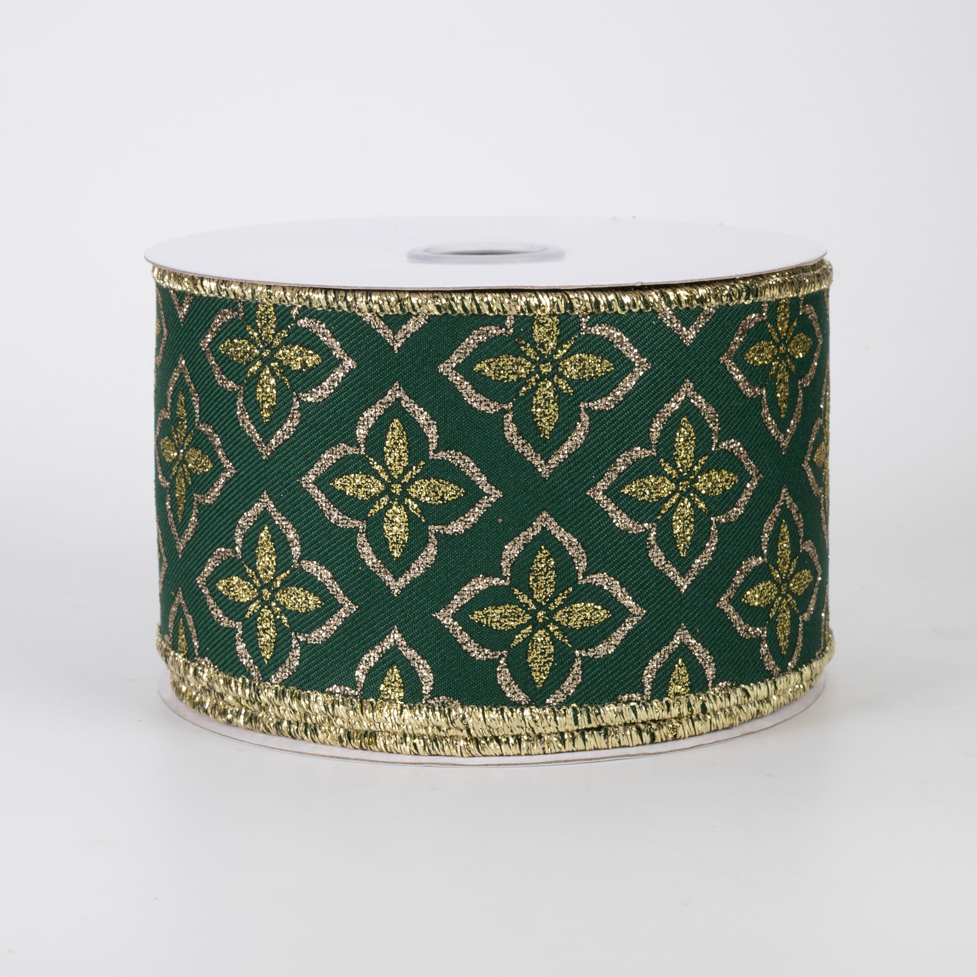 2.5" Quatrefoil Glitter Petals Ribbon: Hunter Green & Gold (10 Yards)