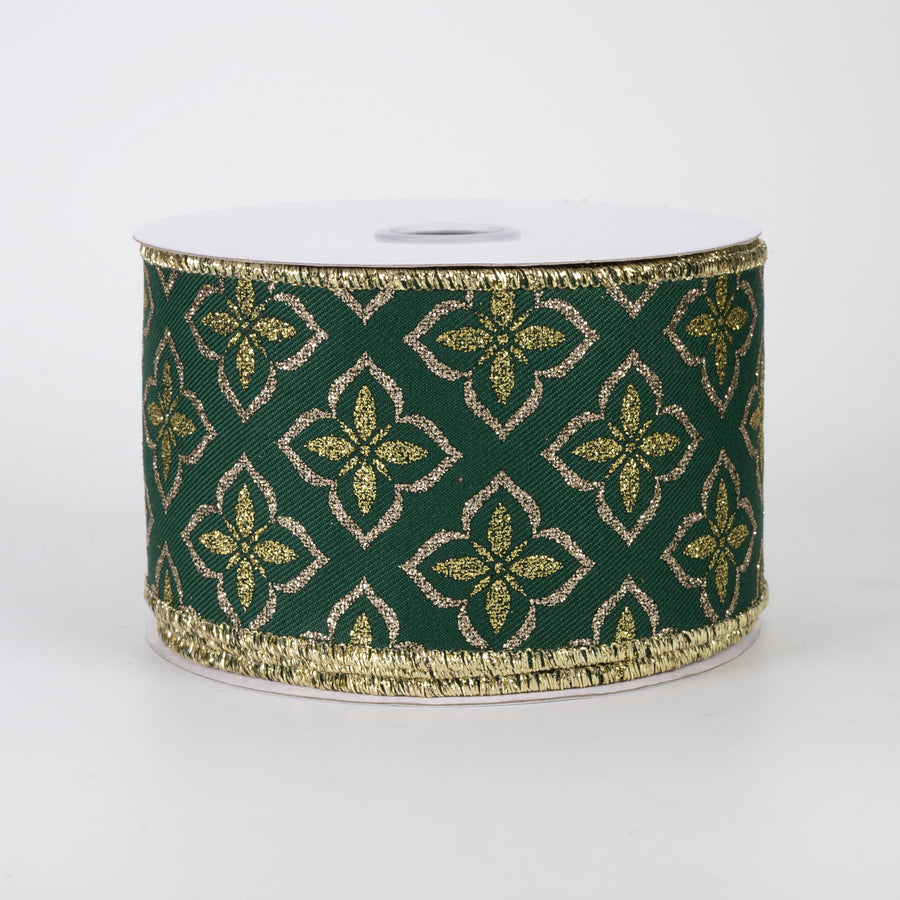 2.5" Quatrefoil Glitter Petals Ribbon: Hunter Green & Gold (10 Yards)