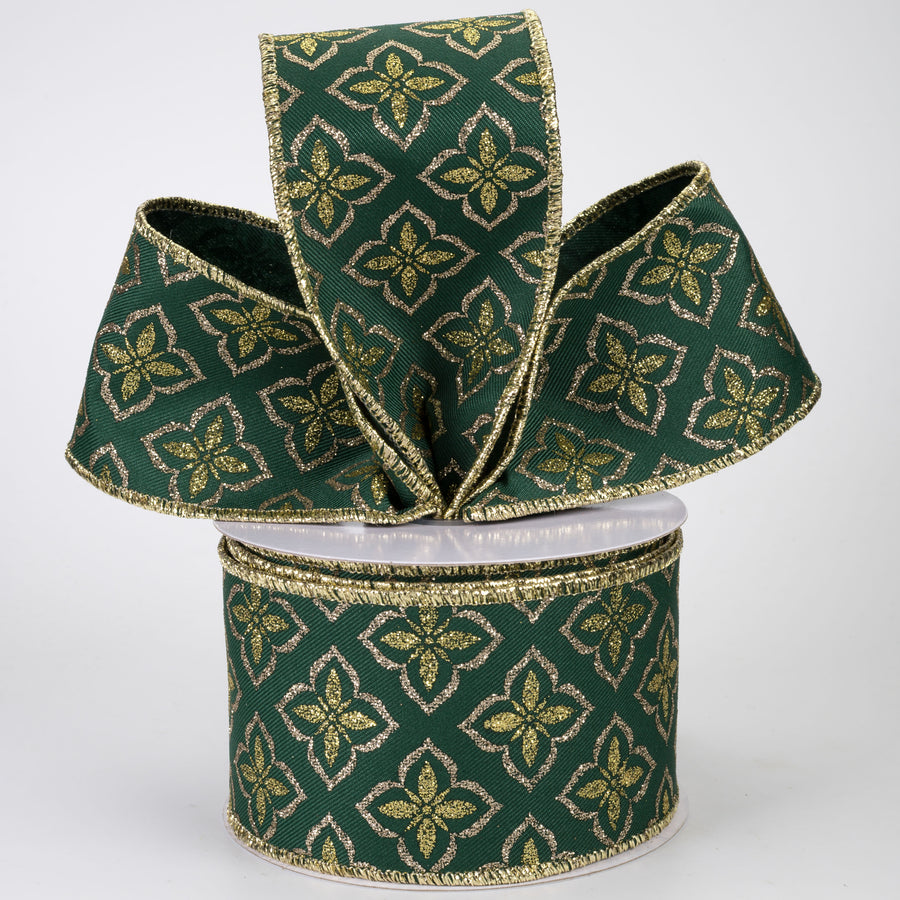 2.5" Quatrefoil Glitter Petals Ribbon: Hunter Green & Gold (10 Yards)