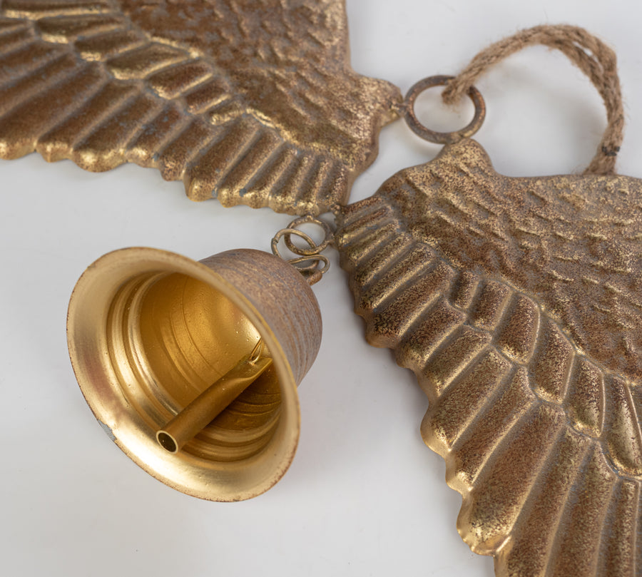 24" Metal Angel Wings with Bell: Antique Gold