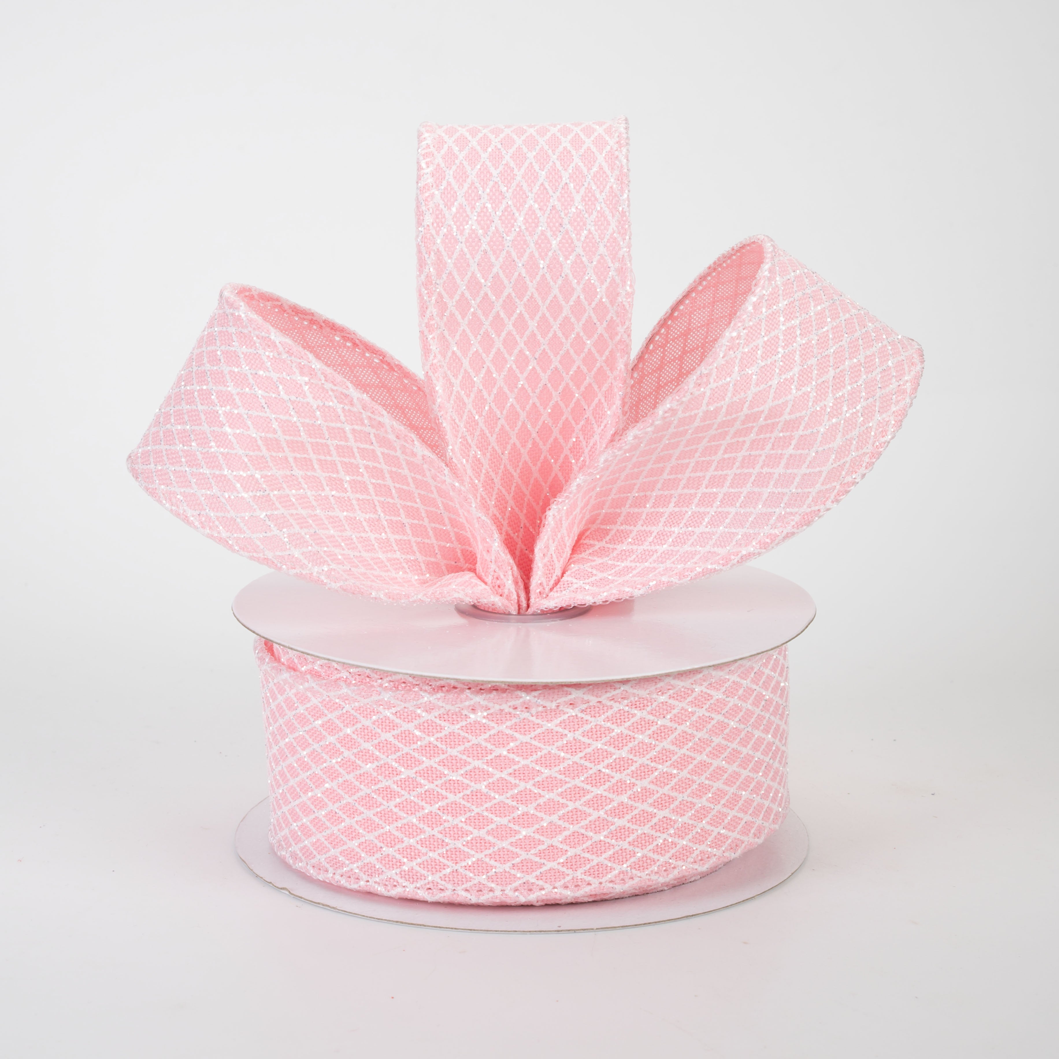 1.5" Mini Glitter Harlequin Ribbon: White on Rose Pink (10 Yards)