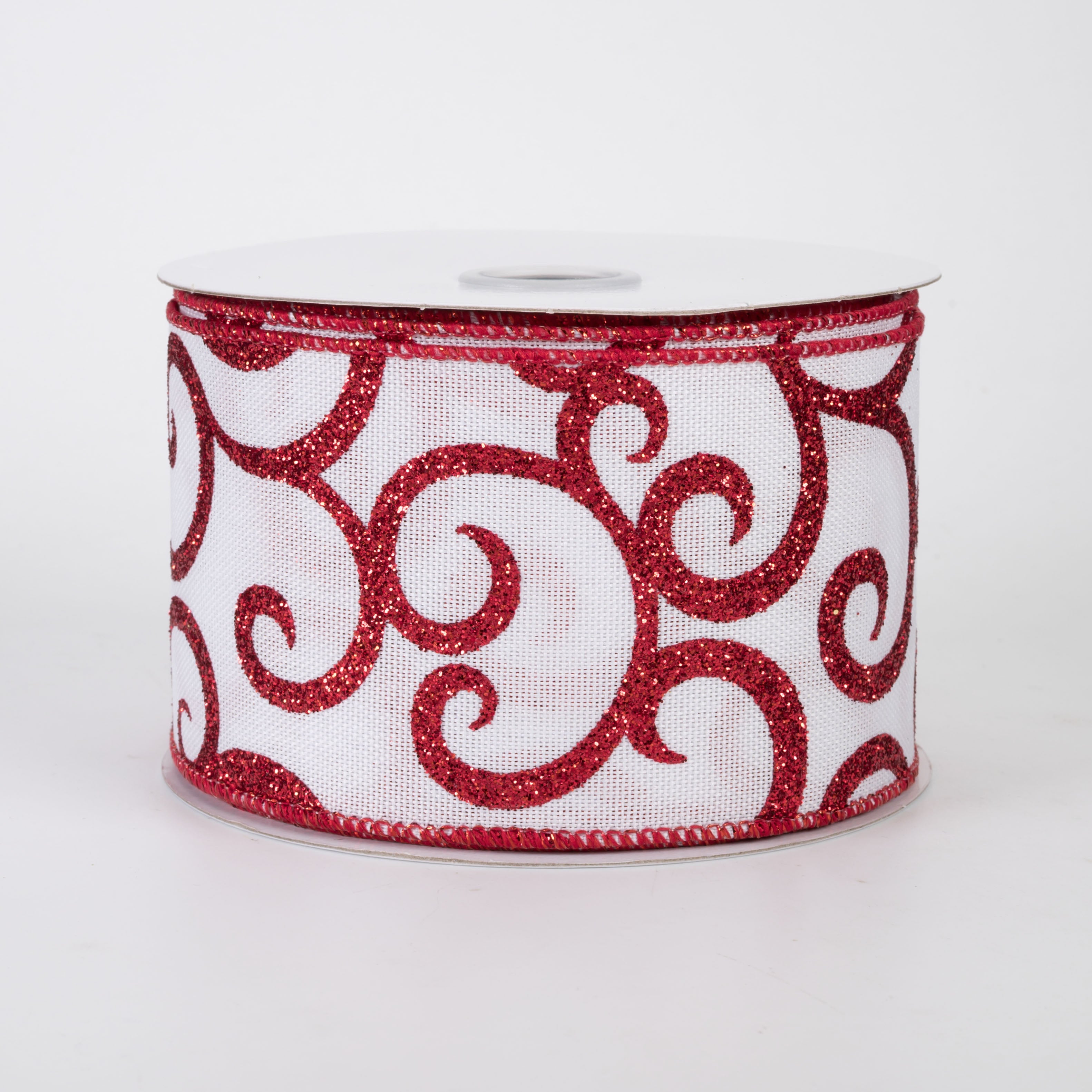 2.5" Glittered Scroll Ribbon: White & Red (10 Yards)