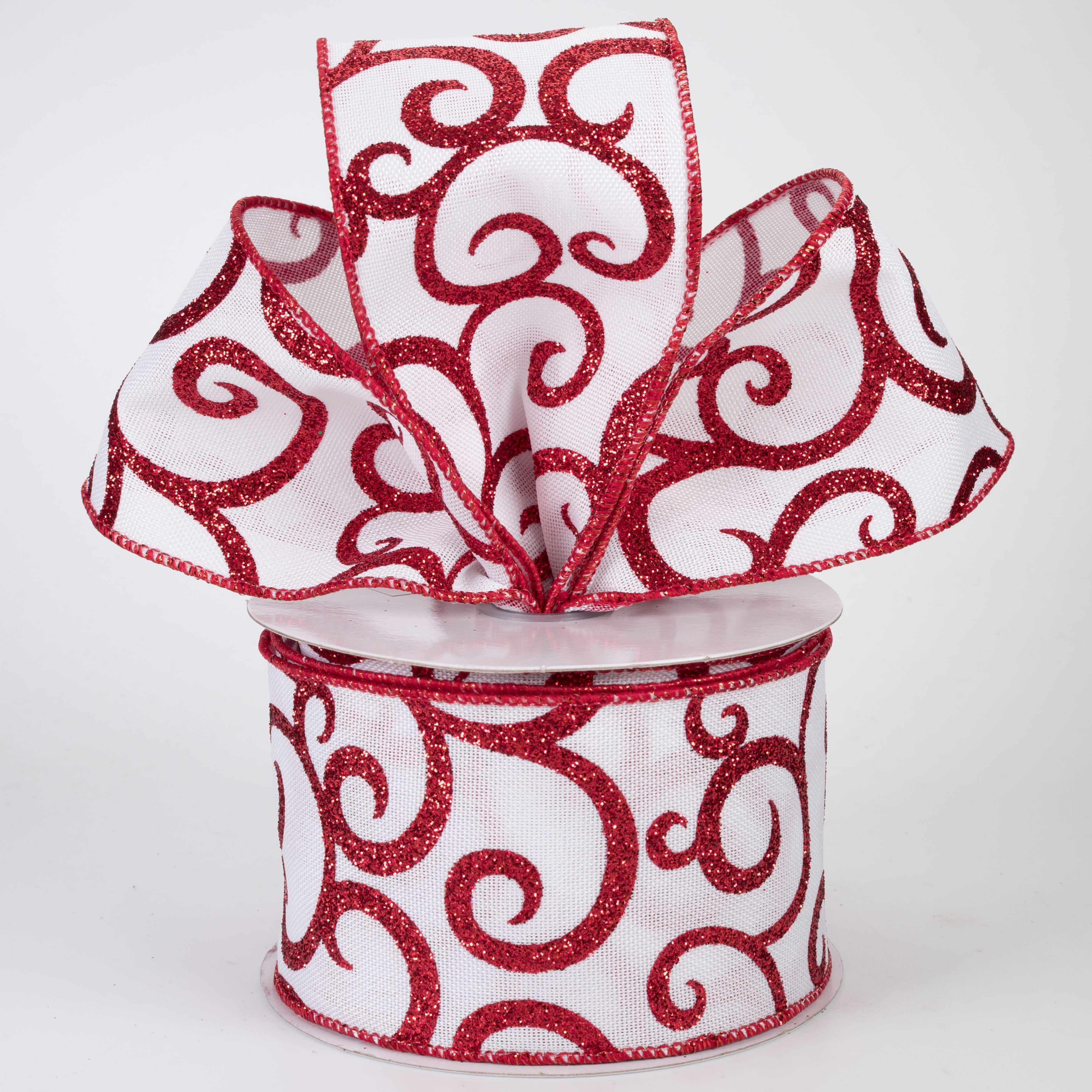 2.5" Glittered Scroll Ribbon: White & Red (10 Yards)