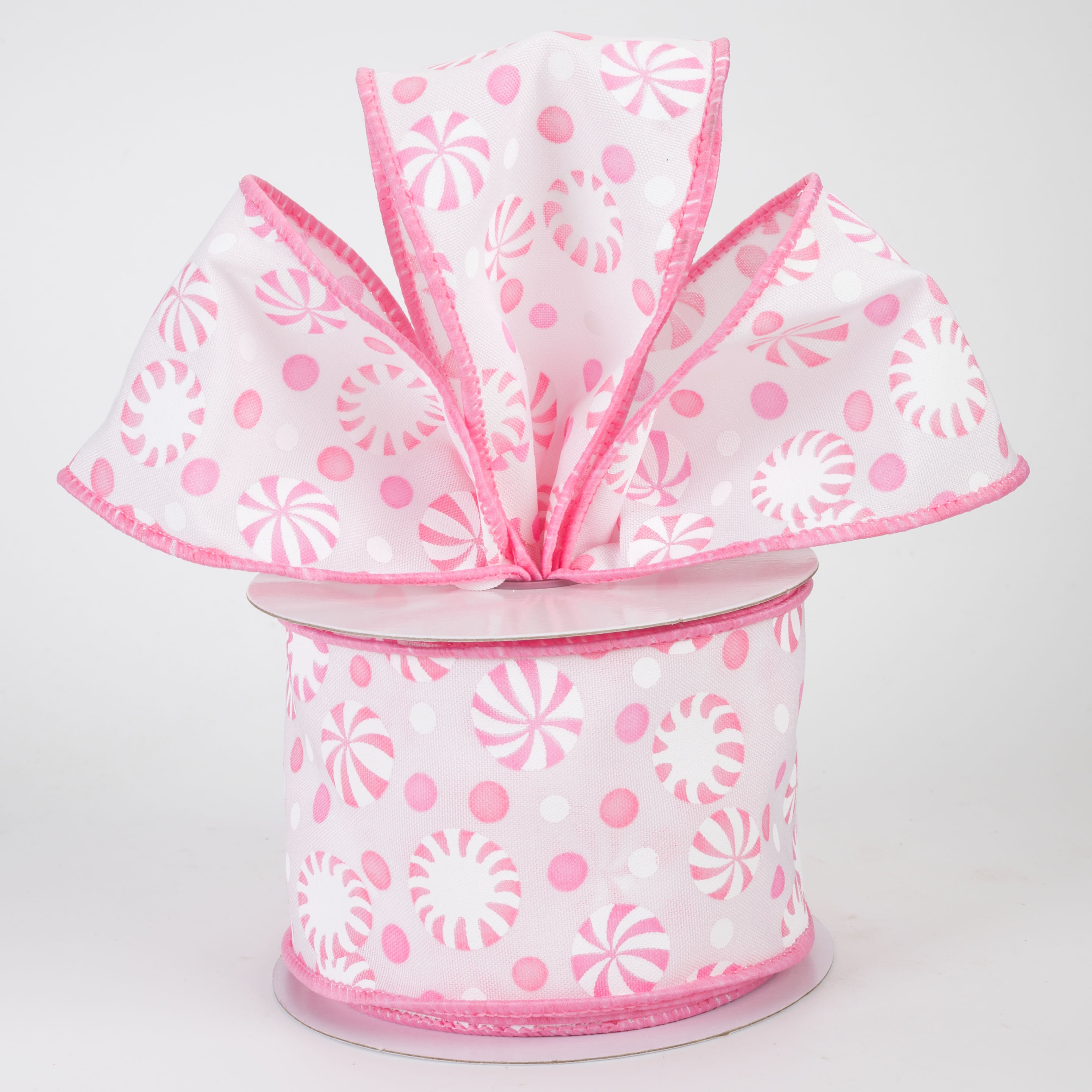 2.5" Christmas Candy Peppermints Ribbon: Pink & White (10 Yards)