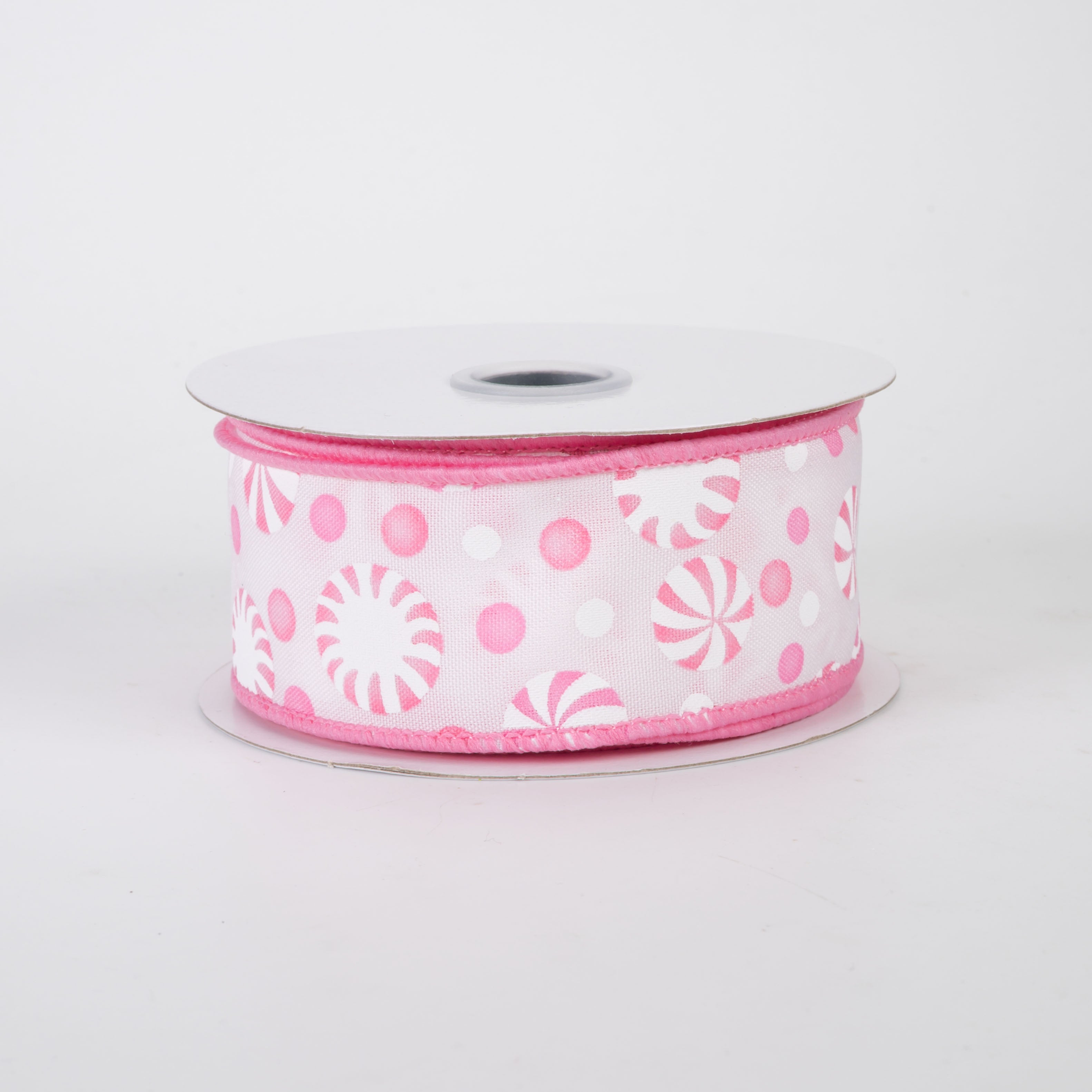 1.5" Christmas Candy Peppermints Ribbon: Pink & White (10 Yards)