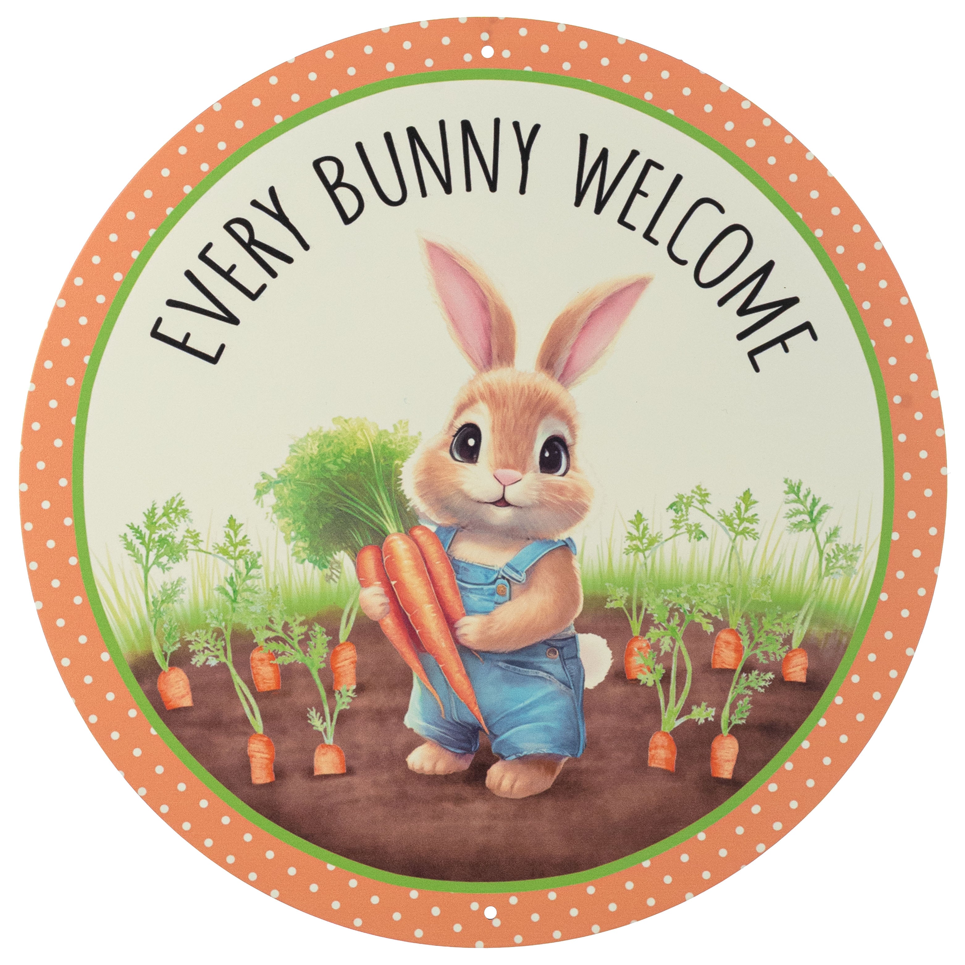12" Round Metal Sign: Every Bunny Welcome