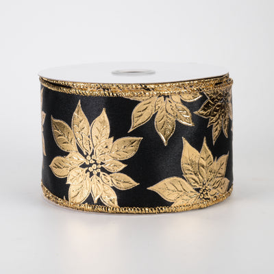 2.5" Metallic Poinsettia Ribbon: Gold on Black (10 Yards)