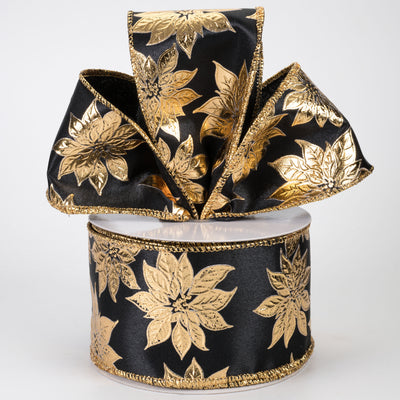 2.5" Metallic Poinsettia Ribbon: Gold on Black (10 Yards)