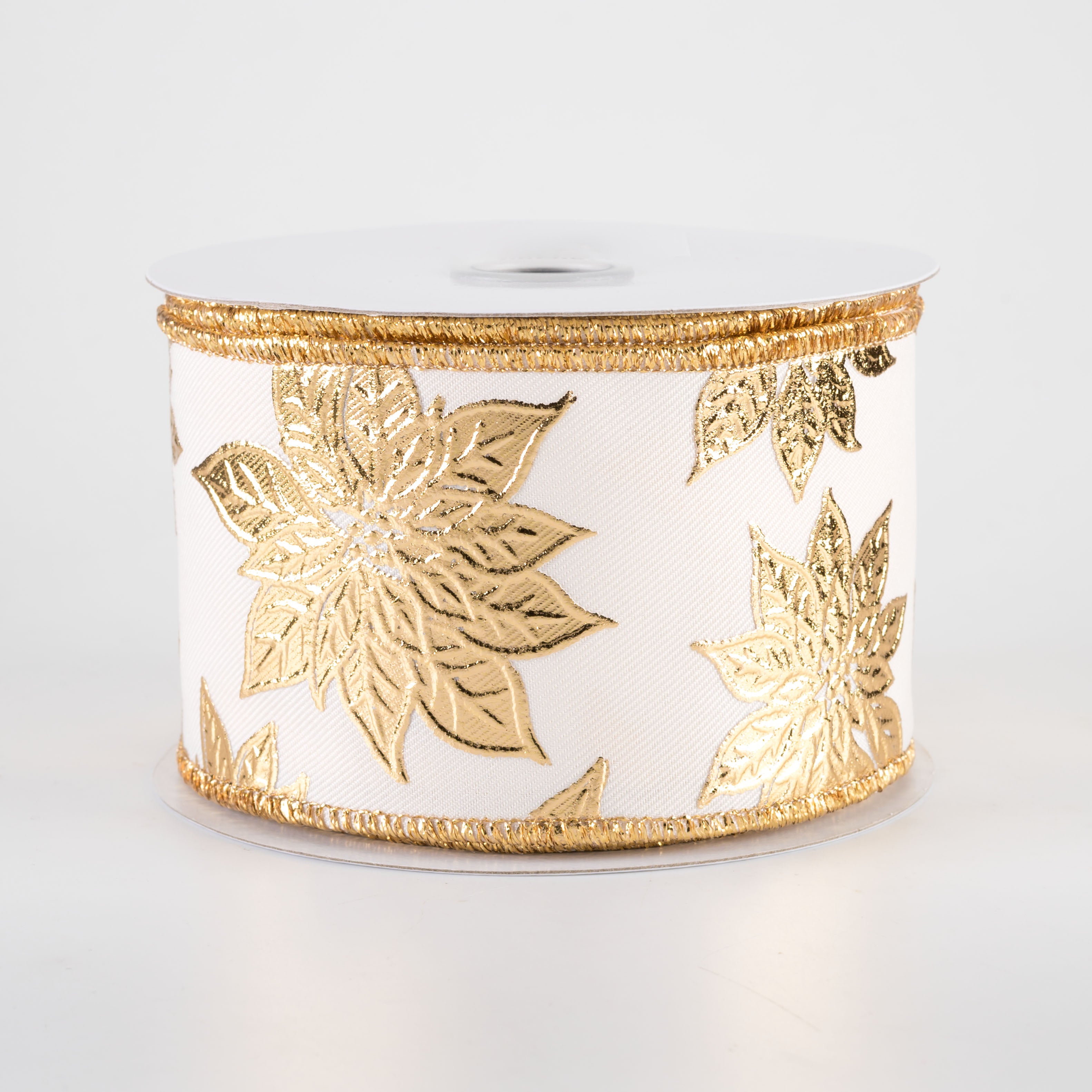 2.5" Metallic Poinsettia Ribbon: Gold on Ivory (10 Yards)