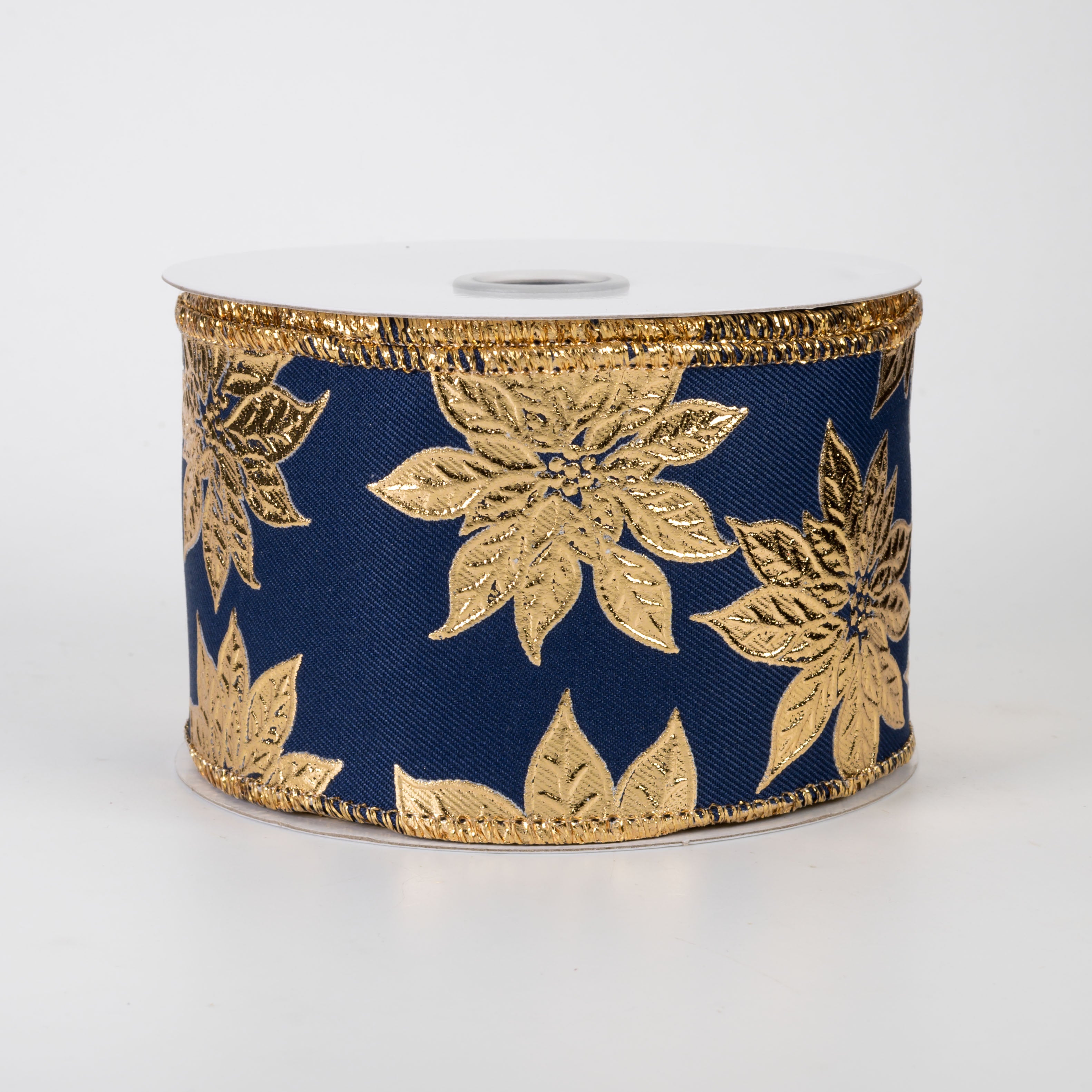 2.5" Metallic Poinsettia Ribbon: Gold on Navy (10 Yards)