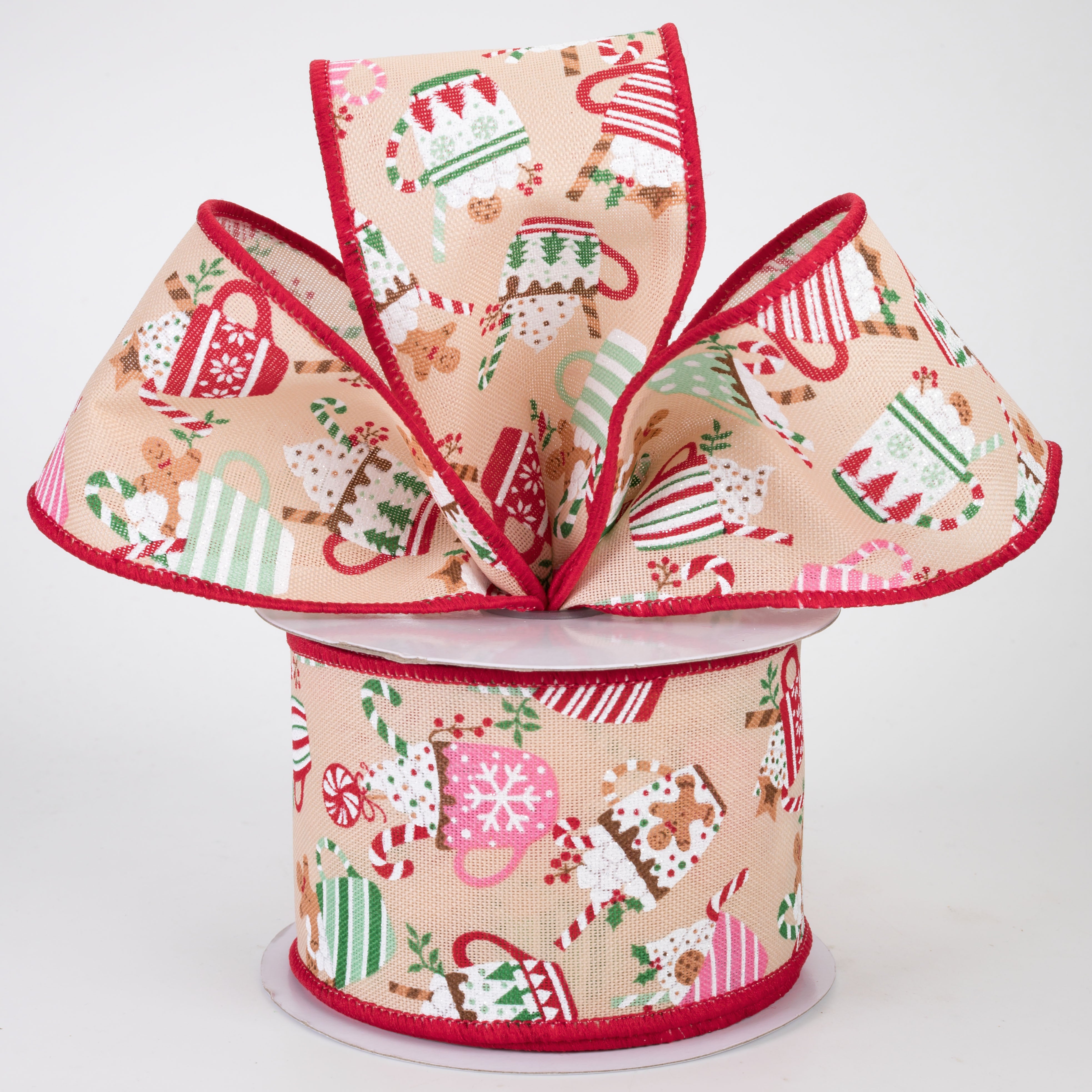 2.5" Christmas Hot Cocoa Mugs Ribbon: Tan (10 Yards)
