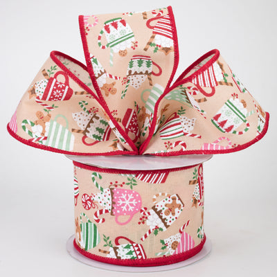 2.5" Christmas Hot Cocoa Mugs Ribbon: Tan (10 Yards)