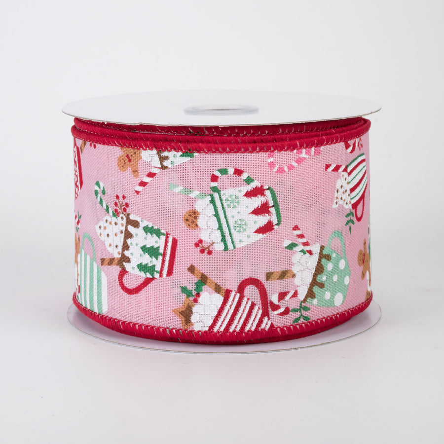 2.5" Christmas Hot Cocoa Mugs Ribbon: Light Pink (10 Yards)