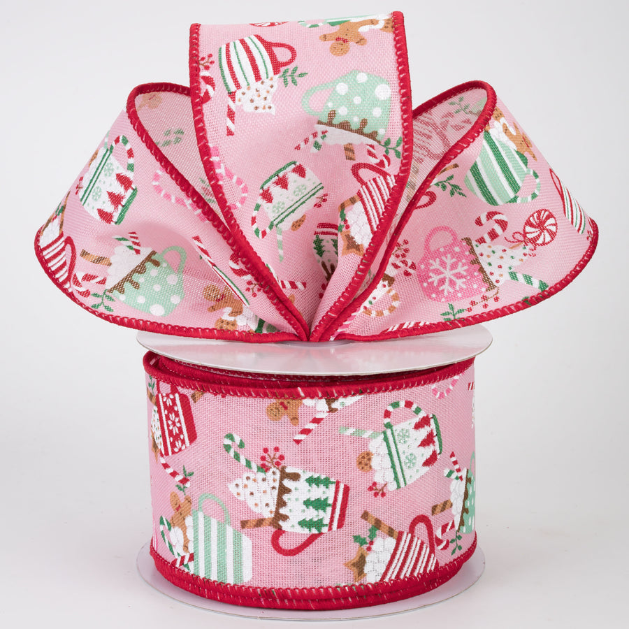 2.5" Christmas Hot Cocoa Mugs Ribbon: Light Pink (10 Yards)