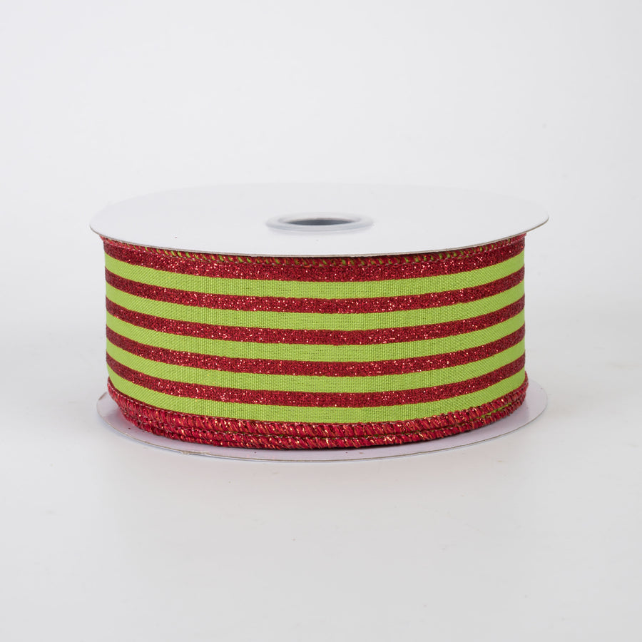 1.5" Glitter Vertical Stripe Ribbon: Red on Lime Green (10 Yards)