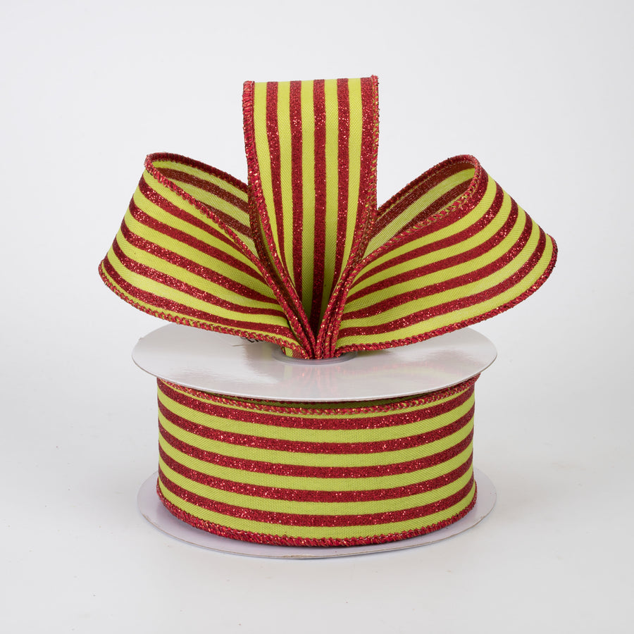 1.5" Glitter Vertical Stripe Ribbon: Red on Lime Green (10 Yards)