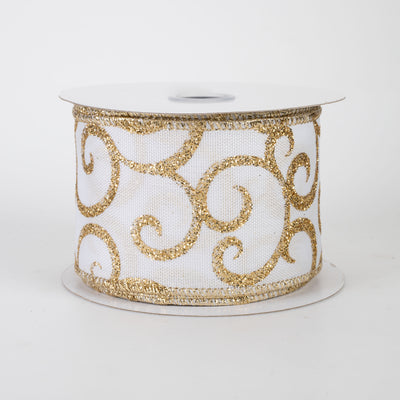 2.5" Glittered Scroll Ribbon: White & Gold (10 Yards)