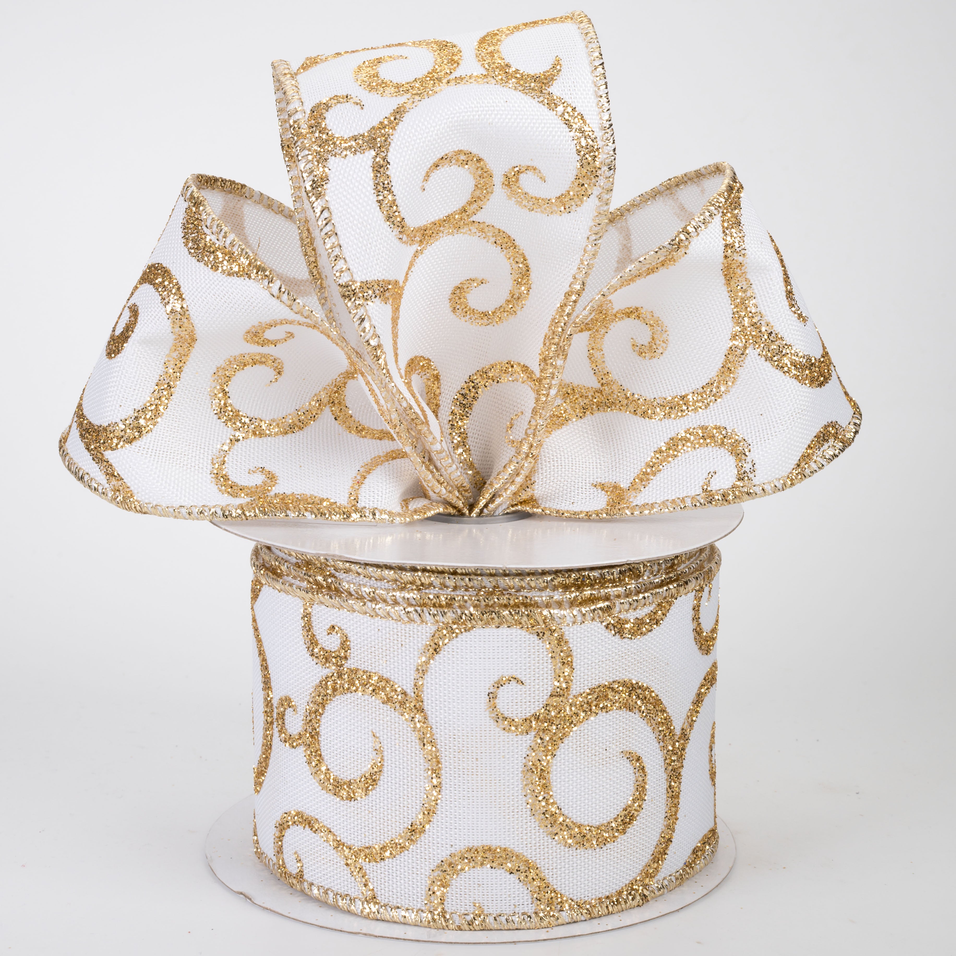 2.5" Glittered Scroll Ribbon: White & Gold (10 Yards)