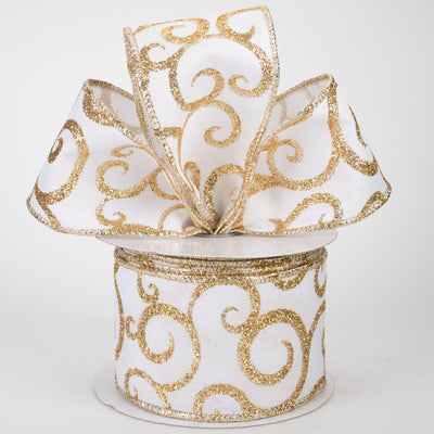 2.5" Glittered Scroll Ribbon: White & Gold (10 Yards)