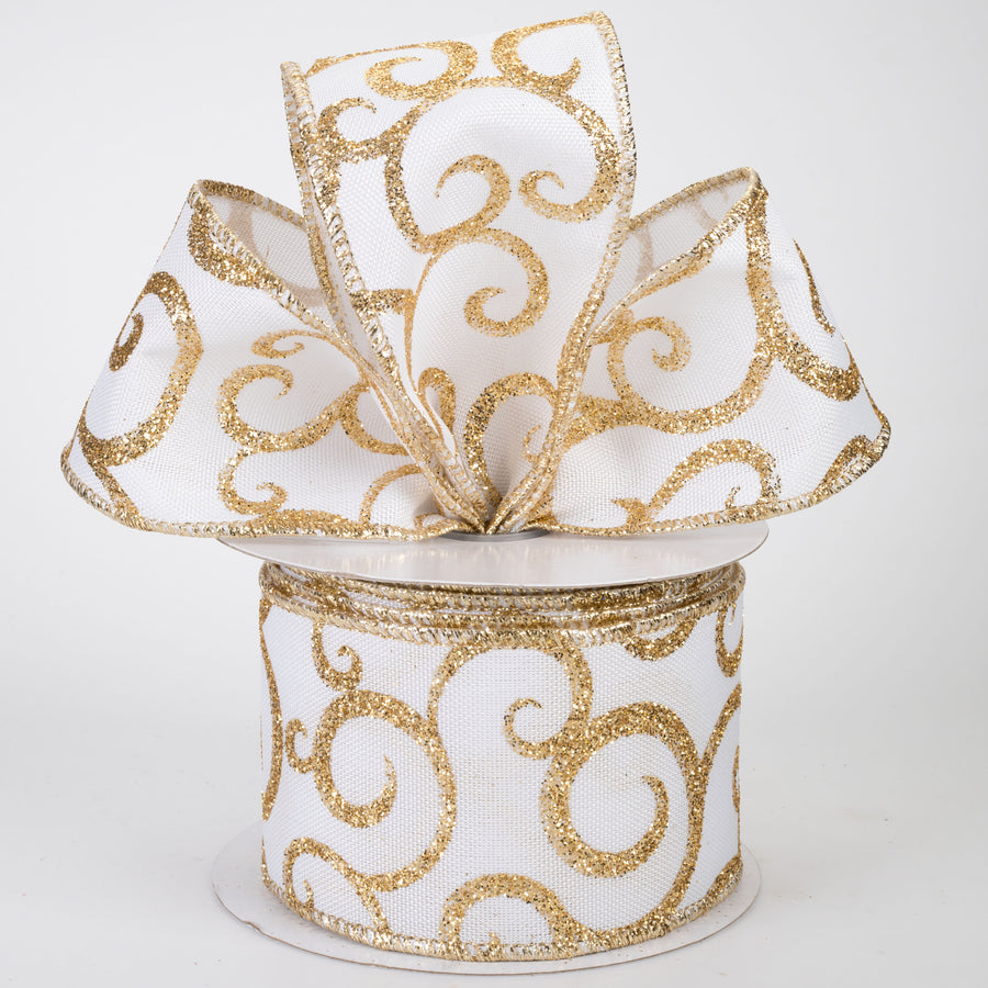 2.5" Glittered Scroll Ribbon: White & Gold (10 Yards)