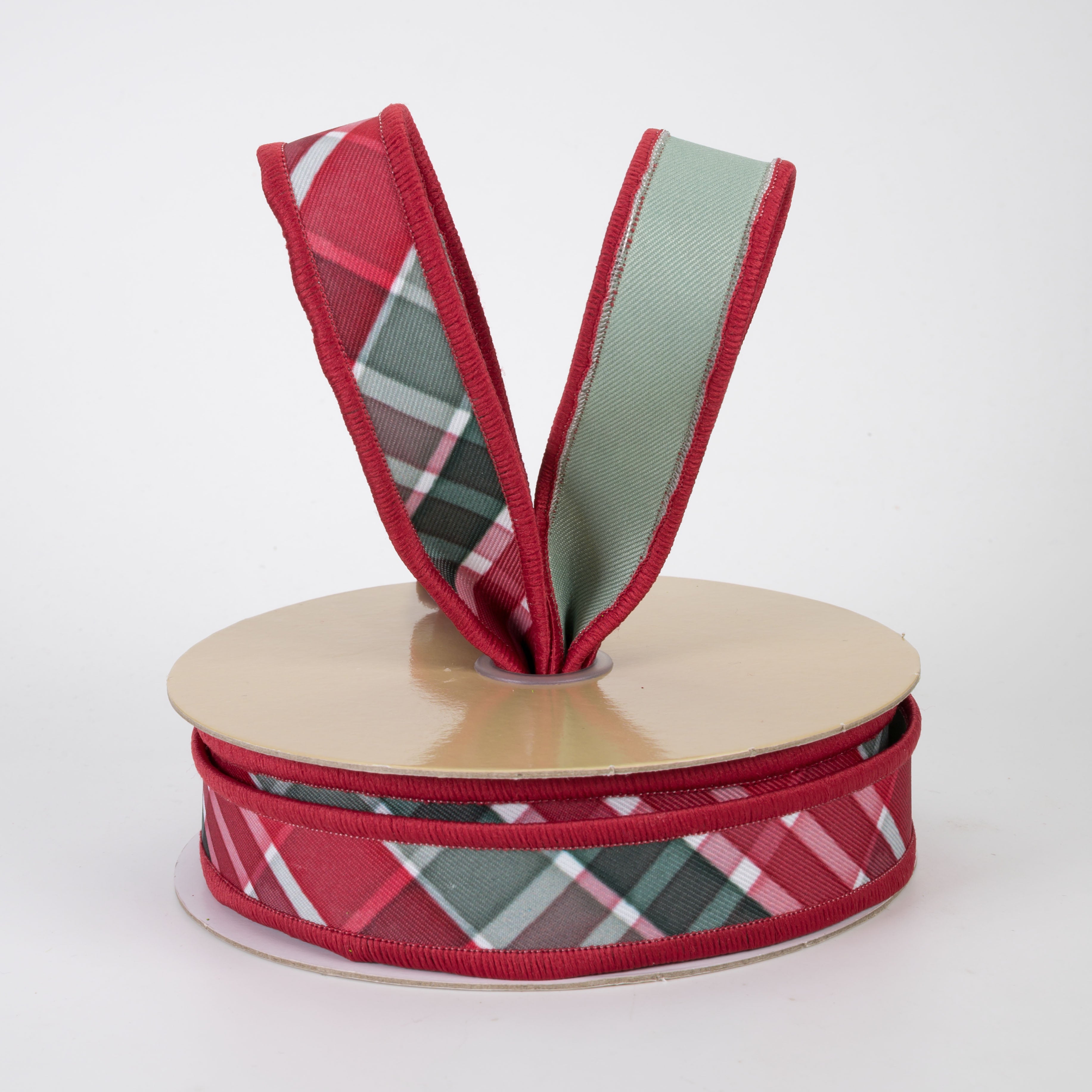 7/8" Double Sided Fused Diagonal Plaid Ribbon: Red, Sage & Emerald (10 Yards)