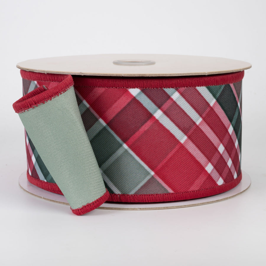 2.5" Double Sided Fused Diagonal Plaid Ribbon: Red, Sage & Emerald (10 Yards)