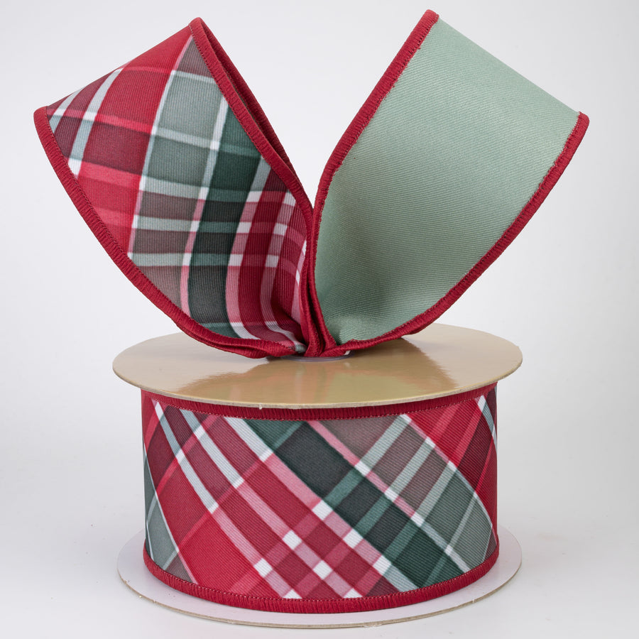 2.5" Double Sided Fused Diagonal Plaid Ribbon: Red, Sage & Emerald (10 Yards)