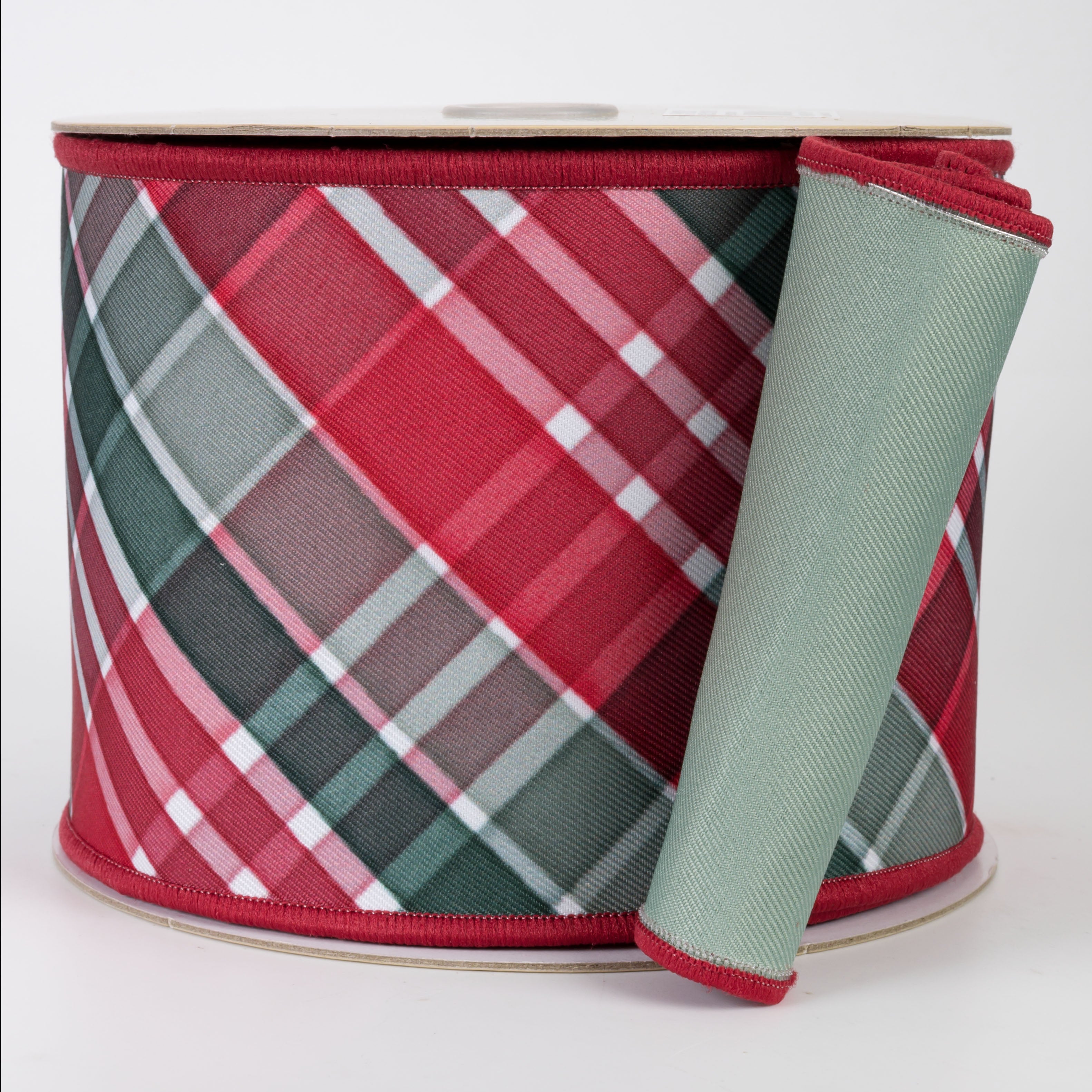 4" Double Sided Fused Diagonal Plaid Ribbon: Red, Sage & Emerald (10 Yards)