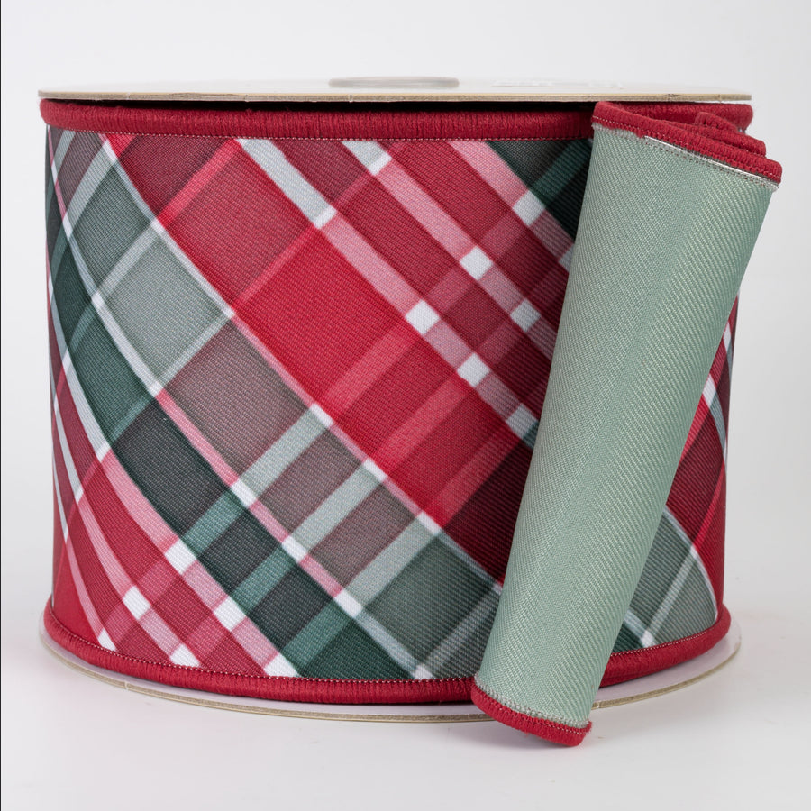 4" Double Sided Fused Diagonal Plaid Ribbon: Red, Sage & Emerald (10 Yards)