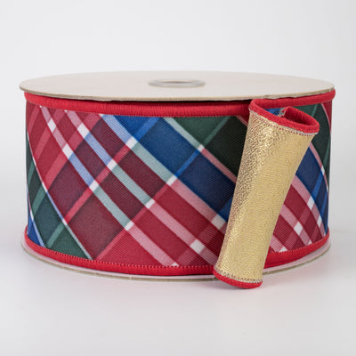 2.5" Double Sided Fused Diagonal Plaid Ribbon: Red, Emerald & Royal (10 Yards)