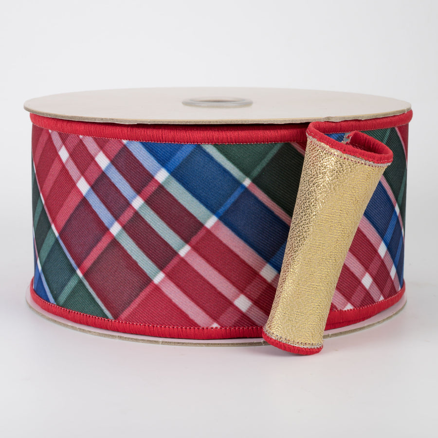 2.5" Double Sided Fused Diagonal Plaid Ribbon: Red, Emerald & Royal (10 Yards)