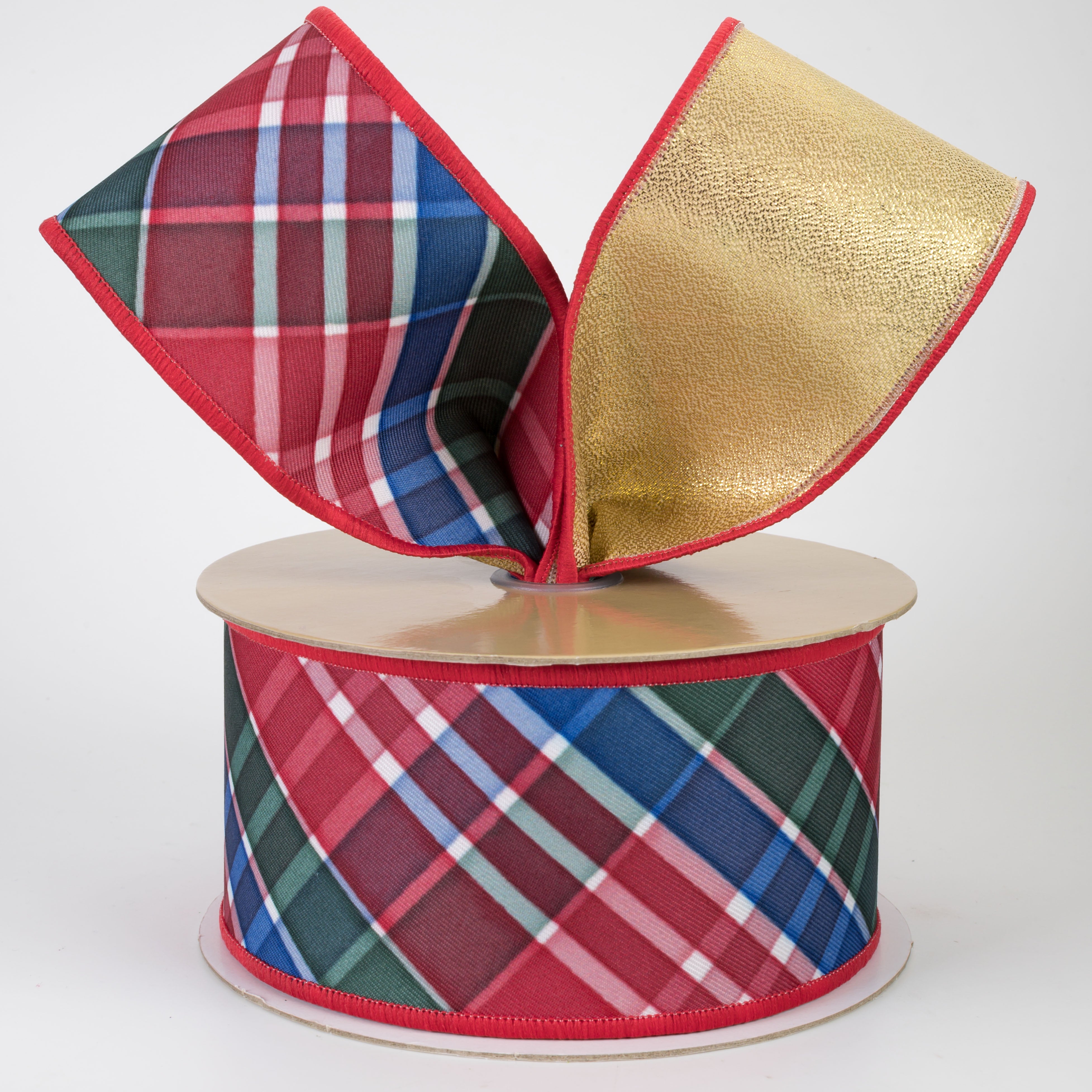 2.5" Double Sided Fused Diagonal Plaid Ribbon: Red, Emerald & Royal (10 Yards)