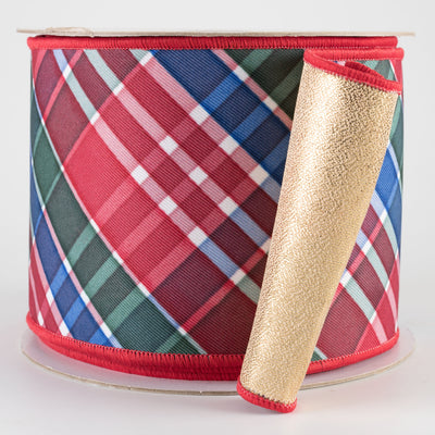 4" Double Sided Fused Diagonal Plaid Ribbon: Red, Emerald & Royal (10 Yards)