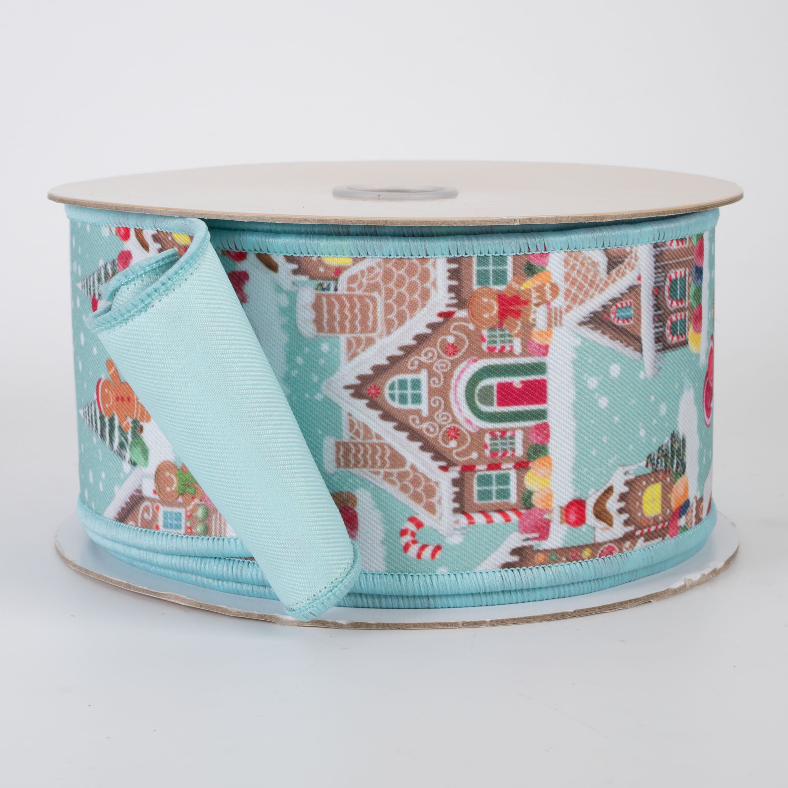 2.5" Double Sided Fused Gingerbread Village Ribbon: Light Blue (10 Yards)