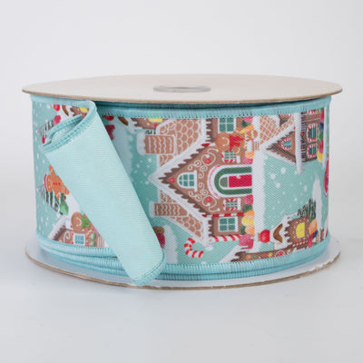 2.5" Double Sided Fused Gingerbread Village Ribbon: Light Blue (10 Yards)