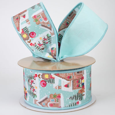 2.5" Double Sided Fused Gingerbread Village Ribbon: Light Blue (10 Yards)