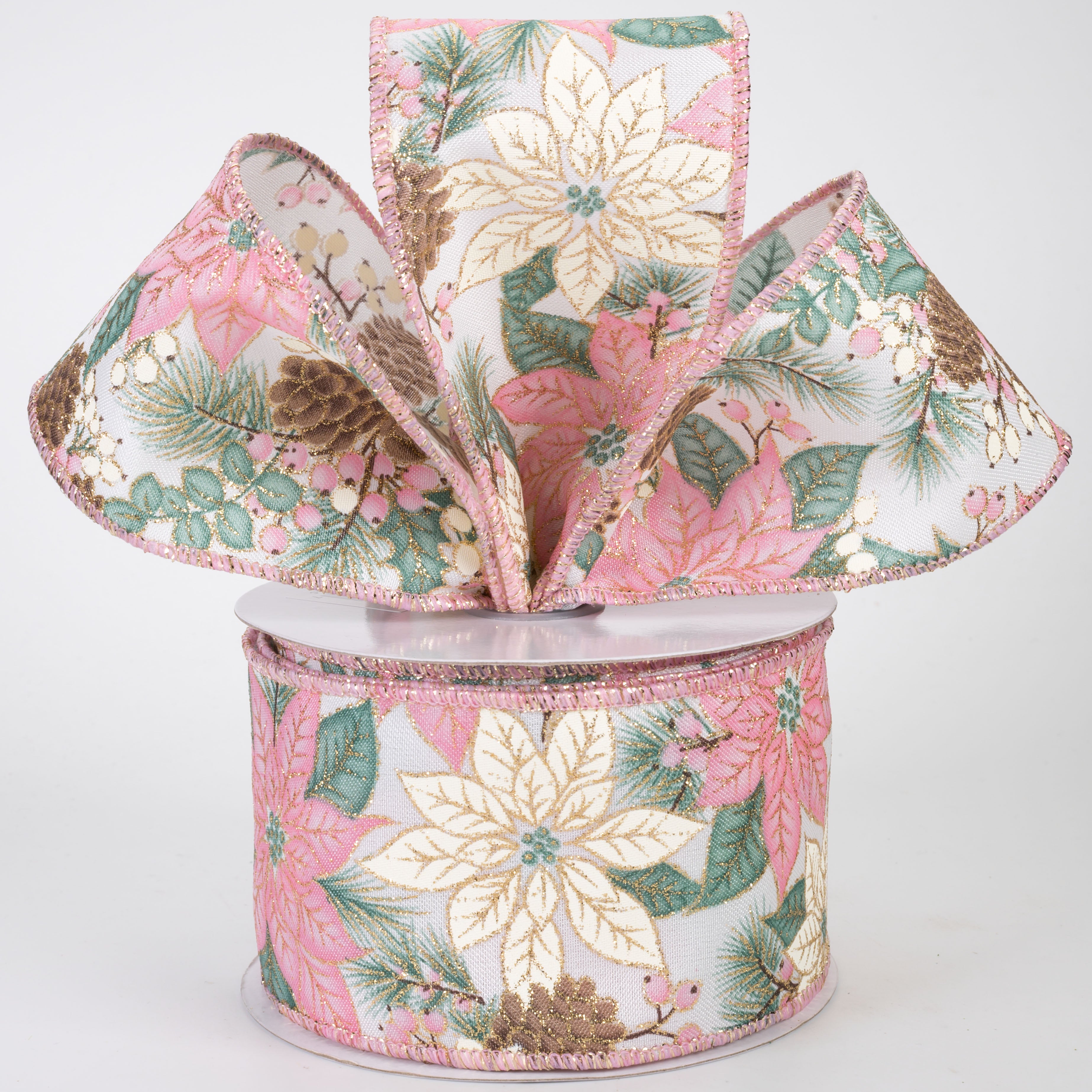 2.5" Poinsettias & Pinecones Ribbon: Pink & Ivory (10 Yards)