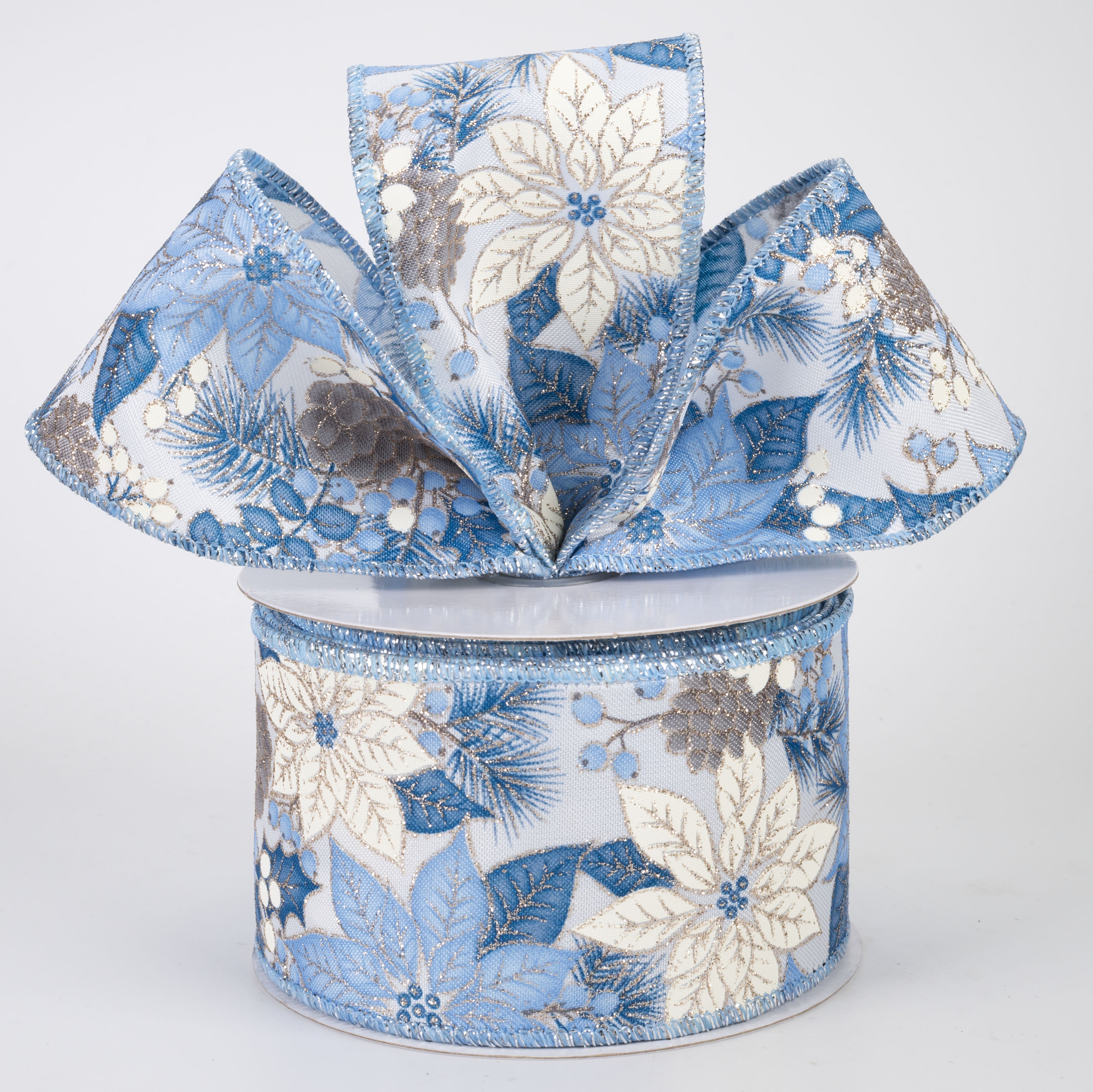 2.5" Poinsettias & Pinecones Ribbon: Blue & Ivory (10 Yards)