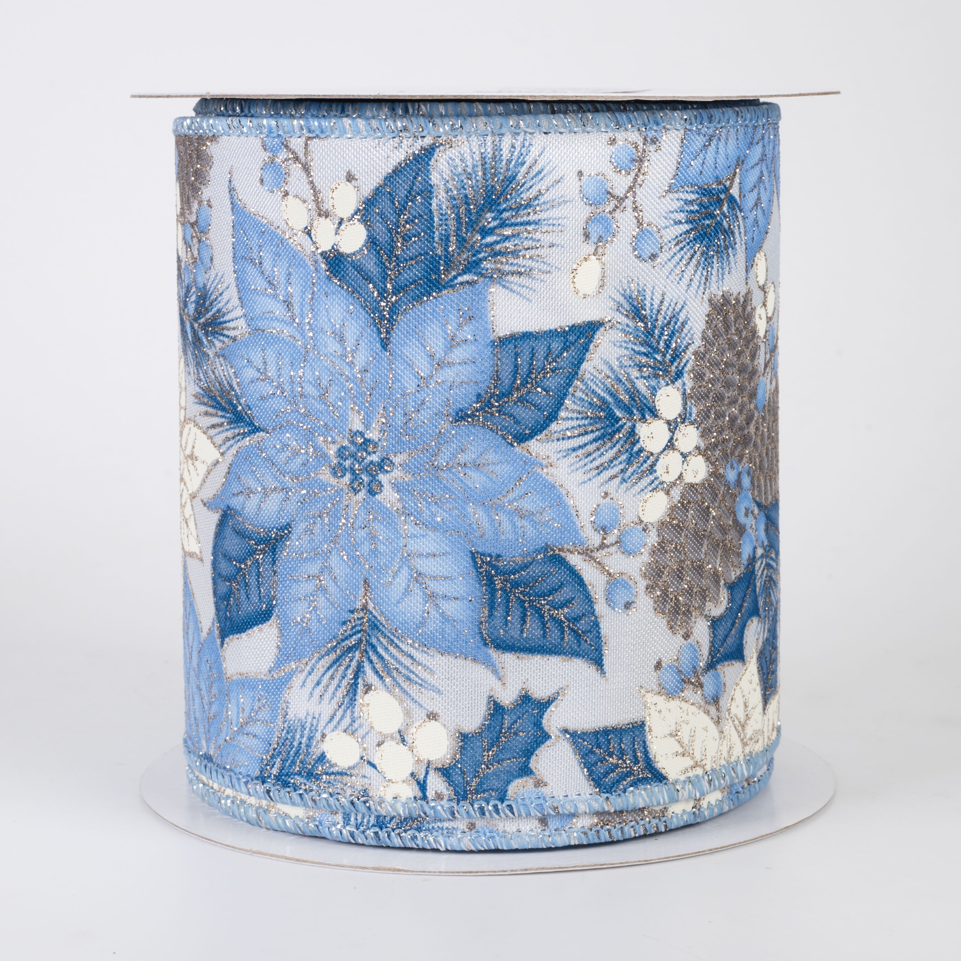 4" Poinsettias & Pinecones Ribbon: Blue & Ivory (10 Yards)