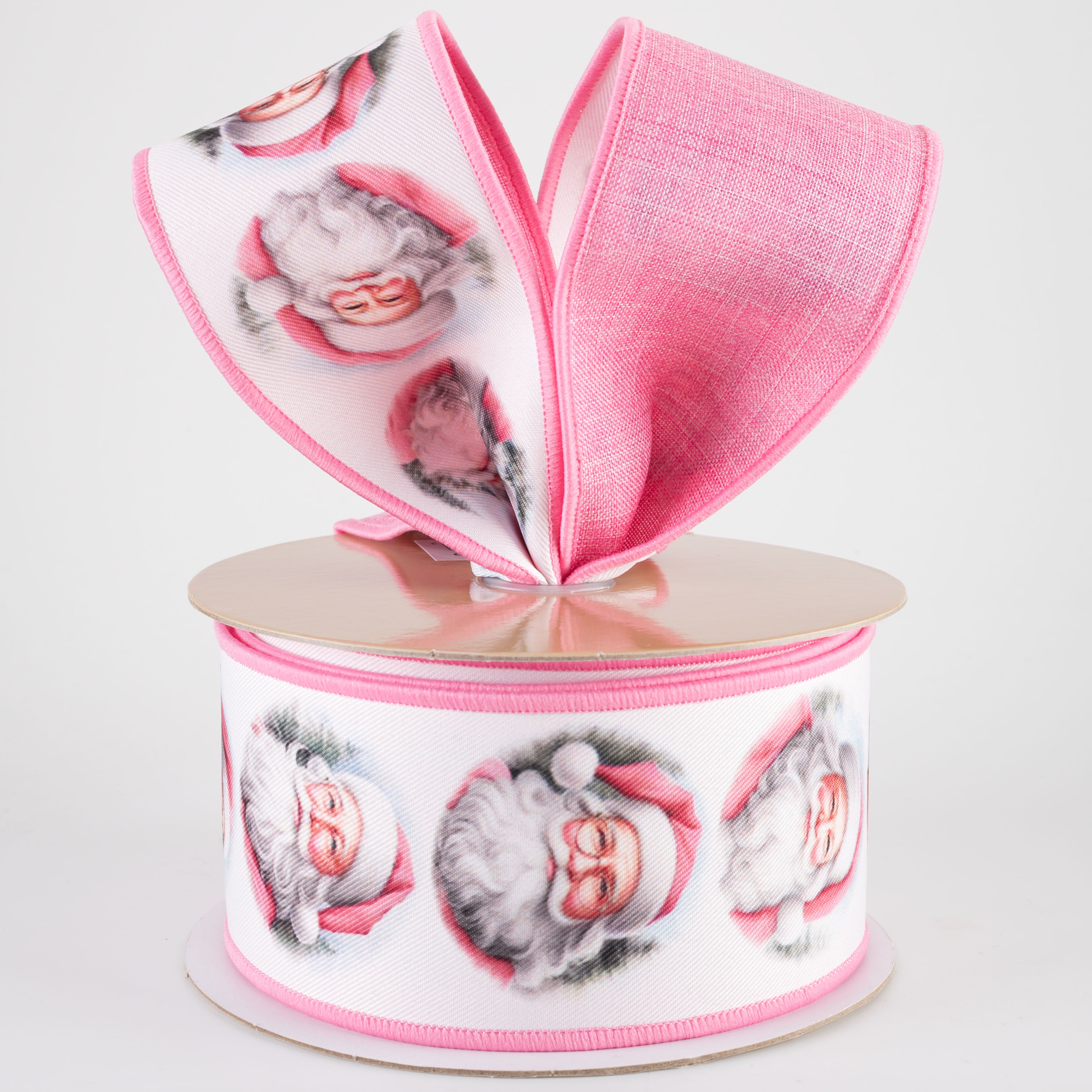 2.5" Double Sided Fused Santa Faces Ribbon: Pink (10 Yards)