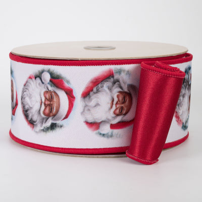 2.5" Double Sided Fused Brown Santa Faces Ribbon: Red (10 Yards)