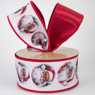 2.5" Double Sided Fused Brown Santa Faces Ribbon: Red (10 Yards)
