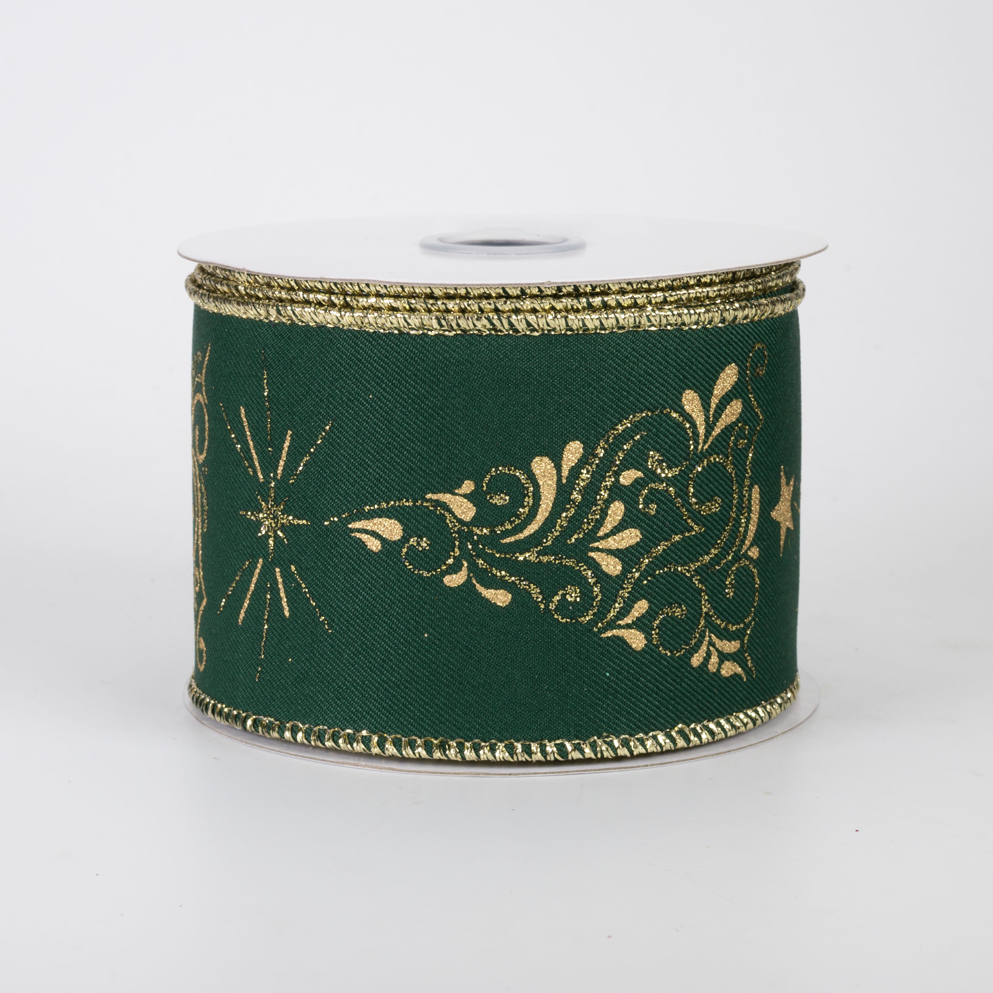 2.5" Metallic Gold Swirls Christmas Tree Ribbon: Hunter Green (10 Yards)