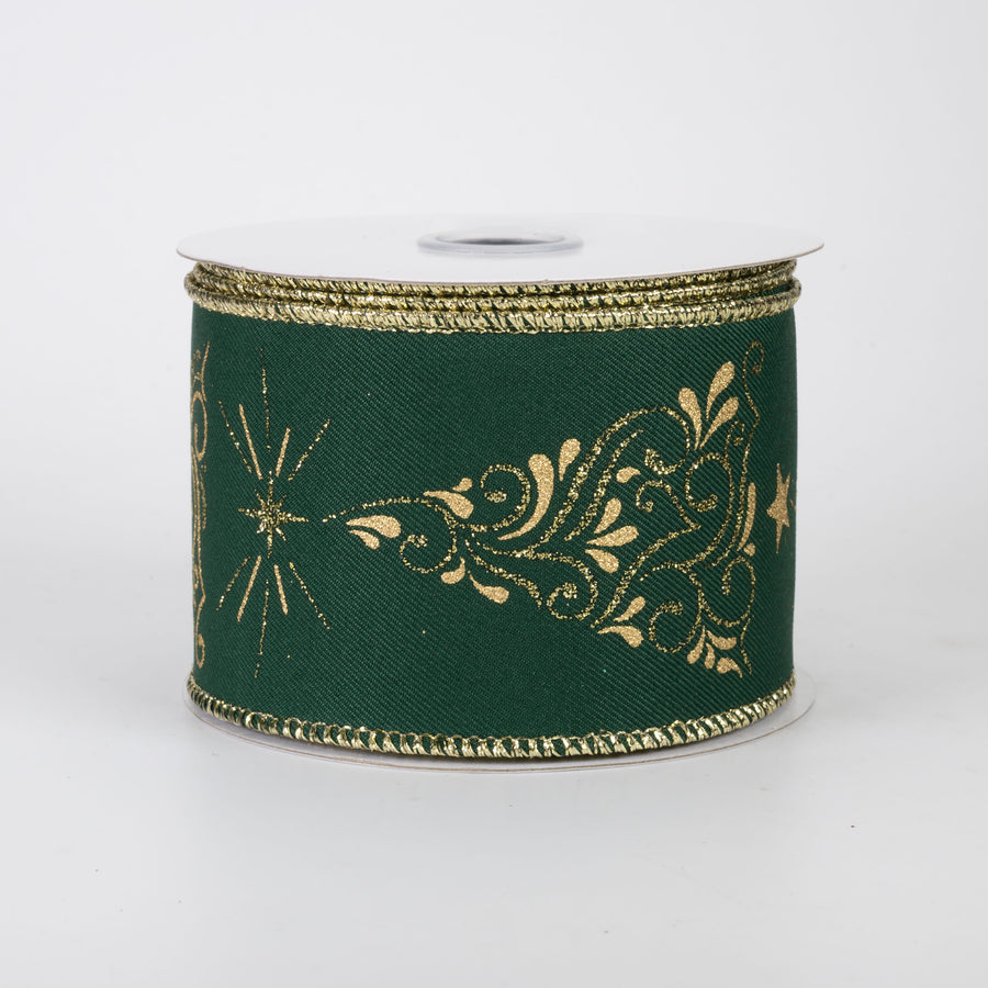 2.5" Metallic Gold Swirls Christmas Tree Ribbon: Hunter Green (10 Yards)