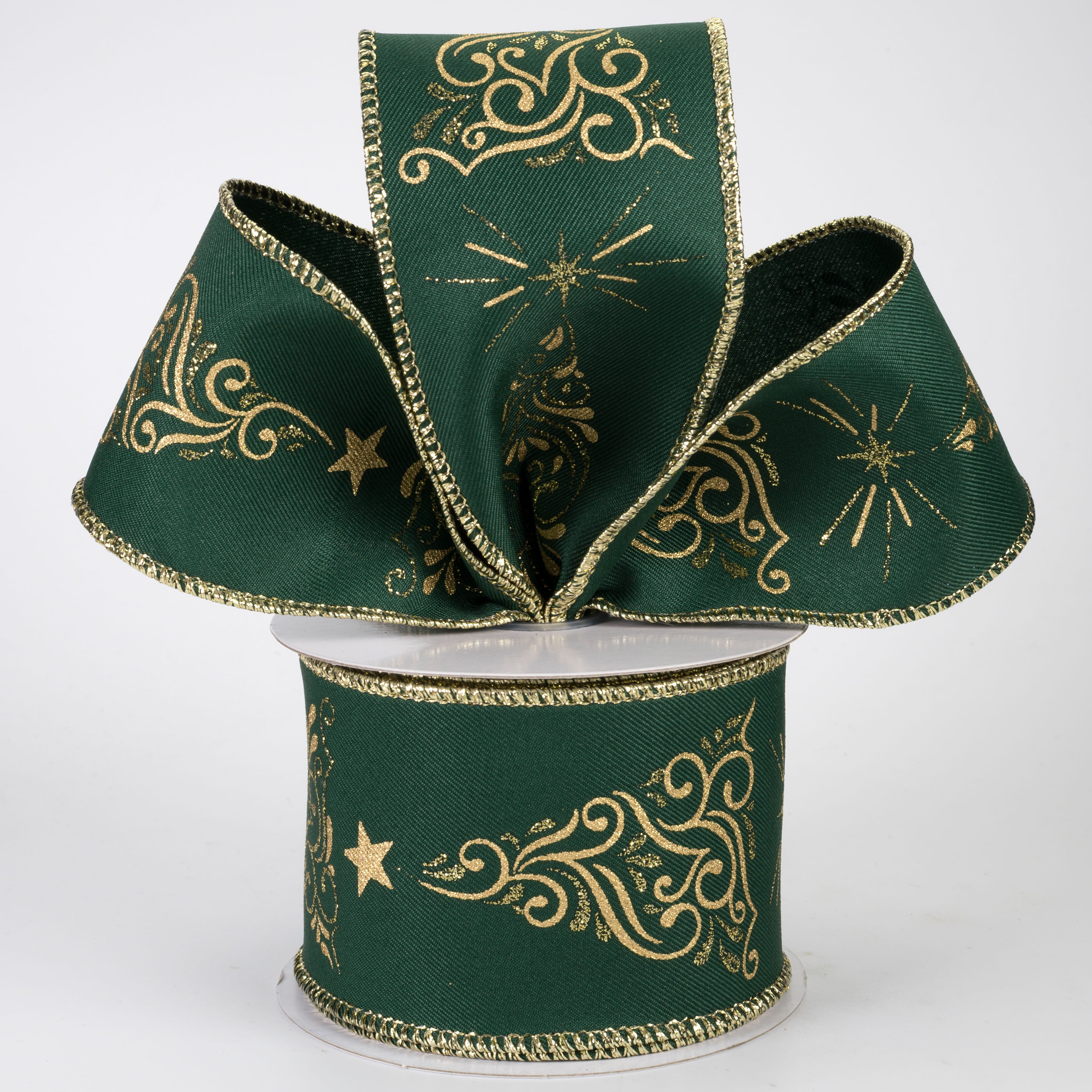 2.5" Metallic Gold Swirls Christmas Tree Ribbon: Hunter Green (10 Yards)