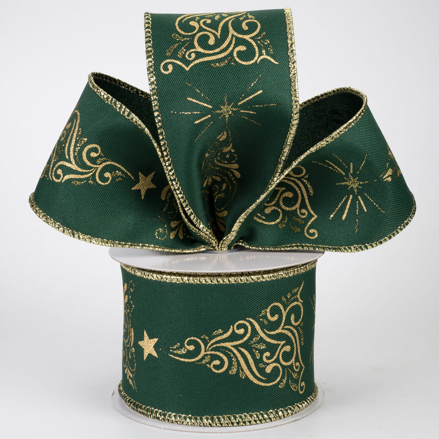 2.5" Metallic Gold Swirls Christmas Tree Ribbon: Hunter Green (10 Yards)