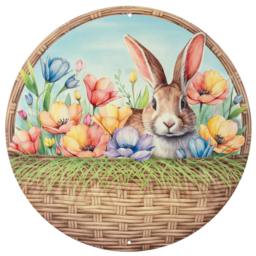 12" Round Metal Sign: Easter Basket Bunny in Flowers